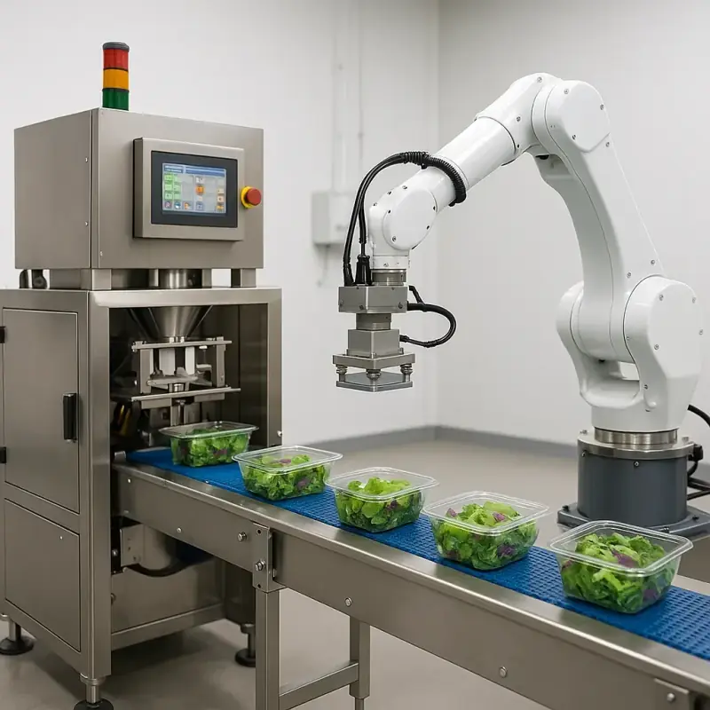Paslanmaz çelik gıda paketleme makinesi ile robot kol entegrasyonu